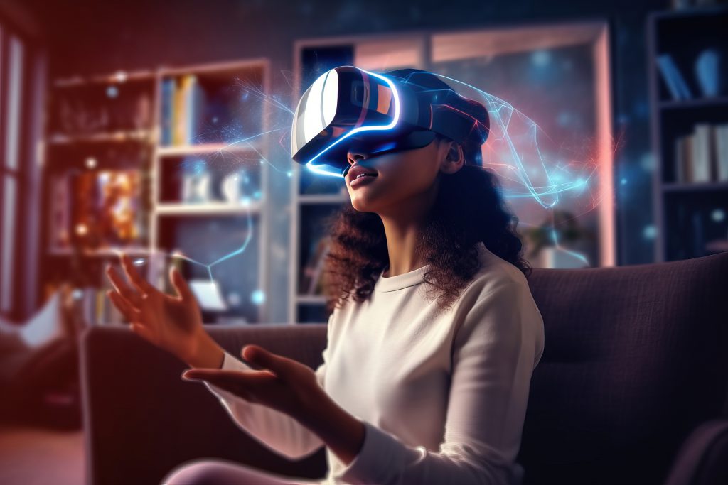 Young woman using VR goggles while sitting on sofa in living room, venturing into a virtual world, immersive into futuristic simulations and online entertainment, making her leisure time captivating.